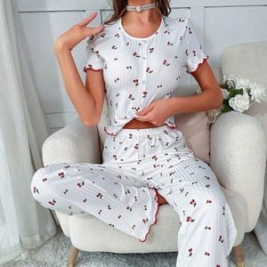 Pijamas de Mujer en Oferta, Ropa de Estar por Casa con Estampado de Cerezas, Pantalones Cortos de Manga Corta con Botones Delanteros - Product Image 2