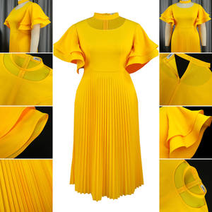 Vestidos Elegantes de Alta Calidad para Mujer, Vestido Casual con Cuello Hueco, Mangas con Varios Volantes, Vestido Plisado Amarillo, Vestidos de Fiesta - Product Image 6