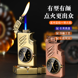 Briquet à double flamme à allumage direct avec cadran d'horloge, flamme bleue coupe-vent, rechargeable au butane, en métal, cadeau d'affaires - Product Image 4