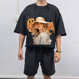 Fabrication T-shirt personnalisé Double col manches courtes imprimé Boxy Distressed Tee Shirt Vintage Faded Washed T Shirt Hommes - Product Image 1