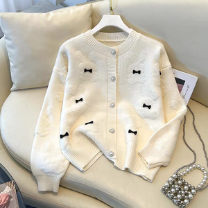 Nouveau cardigan en jacquard tricoté pour <span class=keywords><strong>femme</strong></span>, printemps/automne, décontracté, à simple boutonnage, fin, avec longue nœud, longueur hiver - Product Image 1