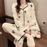 Conjunto de Pijama Transpirable con Estampado de Corazones a la Moda para Mujer, con Cintura Elástica y Mangas Largas, Ropa de Dormir Cómoda y Elegante