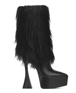 2023 yeni moda deri kalın siyah kürk yüksek topuklu buzağı patik kadın yarım diz çizmeler sivri burun kalın Platform çizme ayakkabı