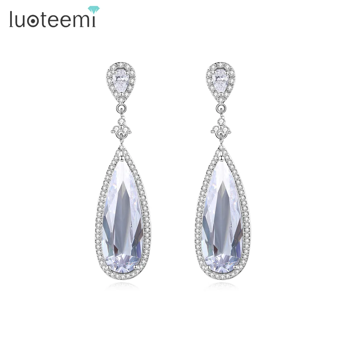 LUOTEEMI Wholesale Luxury Wedding Jewelry Women Tops Fashion Waterdrop Long Dangle Bridal Earrings