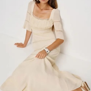 Bohemian Woven Eco-Friendly Lace Trim Maxi Dress Women's Square Neck Flounce Sleeve Ruched Front - Product Image 2