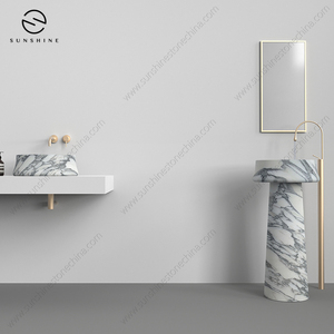 Fregaderos de baño modernos de mármol Arabescato italiano Lavabos de <span class=keywords><strong>roca</strong></span> redondos únicos con instalación en mostrador Estante al mejor precio - Product Image 4