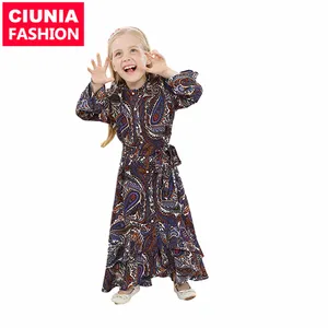 63800# Flower Printed Long Sleeve Muslim Girls Causal Dress Islamic Kids Clothing Abaya Prom Dresses 2023 Girls