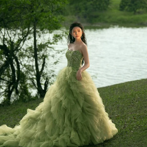 slim fit dress slacks Green Shimmering Tiered Ruffled Vintage Princess Dress Puffed Sleeve Quinceanera Dresses 25046 Custom Colors / US10
