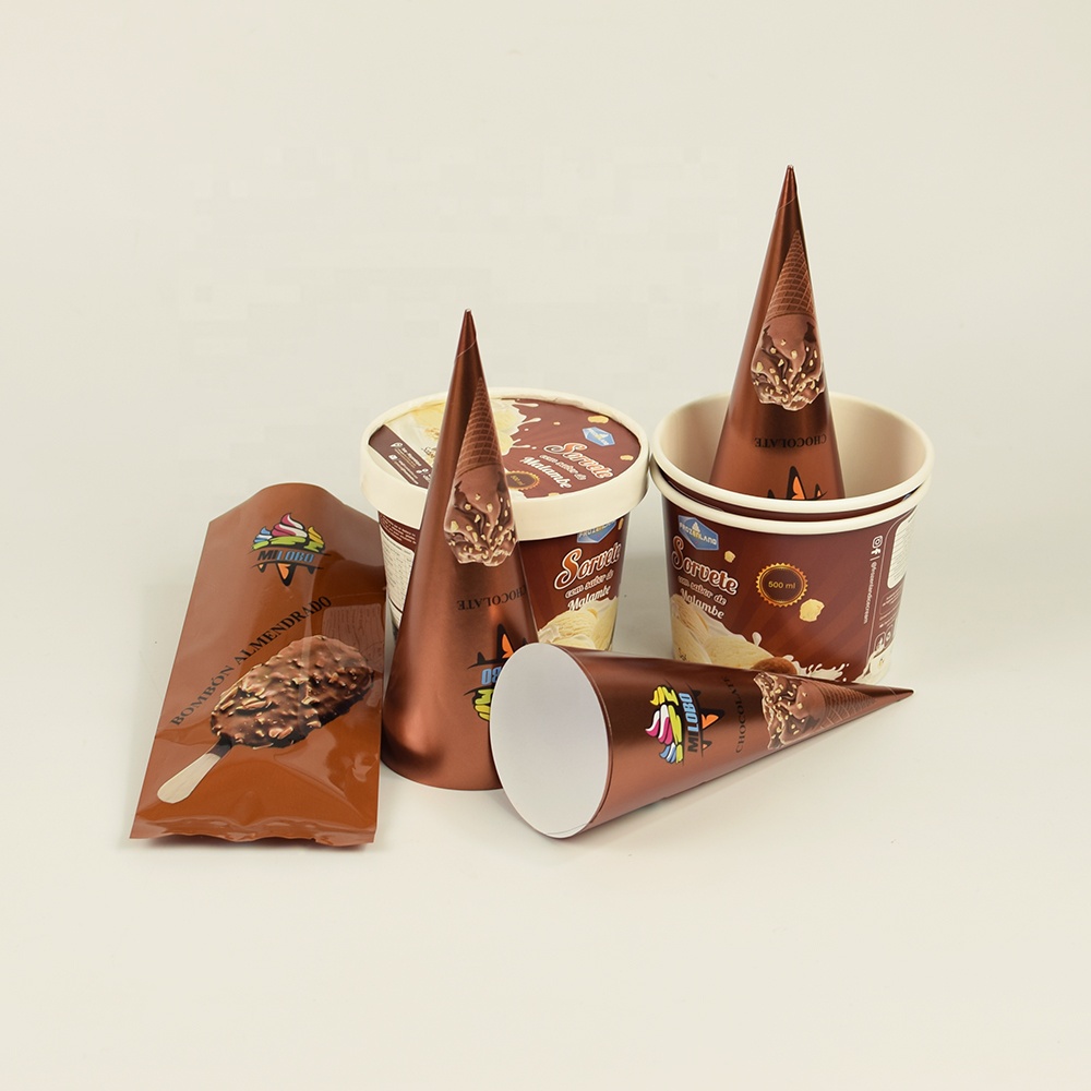 100gsm 120gsm Glossy Matte Metallic Finish Promotional Patterned Personalized Offset Printed Ice Cream Paper Cone Sleeve