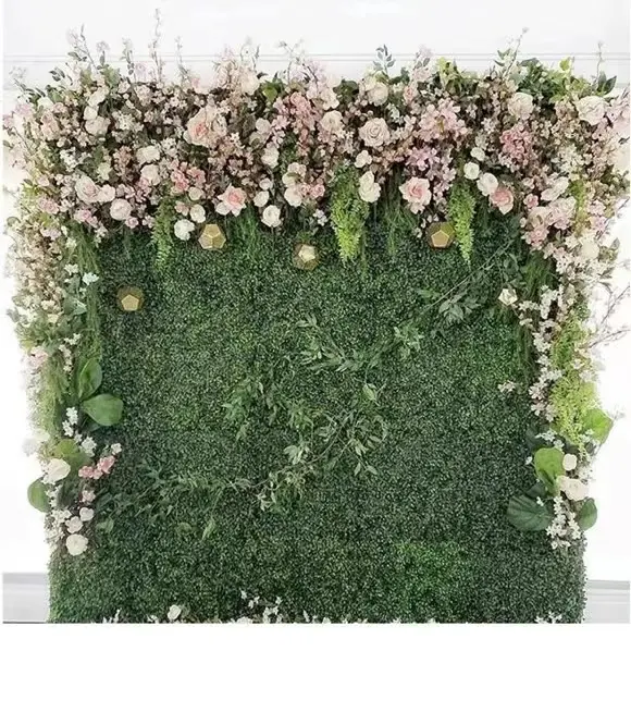 Mur de fleurs roses à Blush personnalisées 5D, plantes vertes, feuilles, clôture, 8ftx8ft, toile de fond d'herbe verte pour décoration de fête de mariage