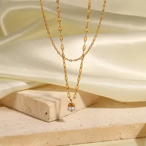 Personality Popular 18K Gold Plated Stainless Steel Double Layer Chain Round Cubic Zirconia Pendant Necklace