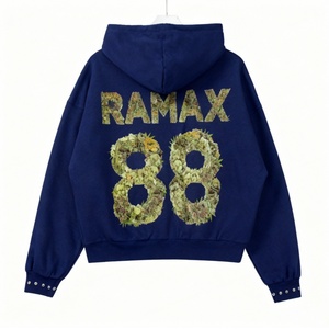Streetwear Bead Unisex Heavyweight Cotton Zip Hoodie Distressed Vintage <b>Washed</b> Men Embroidered Eco-Friendly Custom Printed - Product Image 2