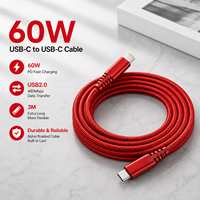 Câble USB C vers USB C de haute qualité 3M, transfert de données USB 2.0, charge rapide 60W 20V 3A, câble tressé en nylon rouge, OEM ODM Factory