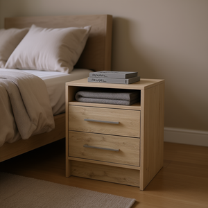 Table de chevet à deux tiroirs Philadelphia avec étagère dissimulée, meuble de chambre à coucher moderne en bois - Product Image 2