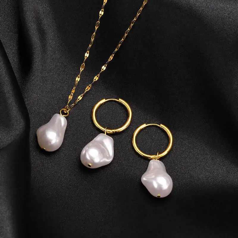 Hot sales Jewelry Sets baroque pearl necklace stainless steel 18k gold plated jewelry set pearl earrings