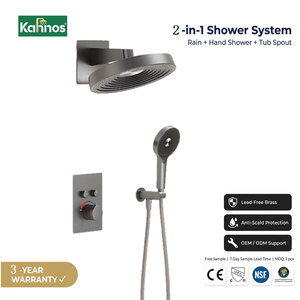 Sistema de ducha empotrado color bronce, montado en la pared, con cabezal de lluvia redondo, indicador de temperatura termostático, panel cuadrado y ducha de mano de latón. - Product Image 1