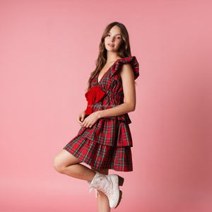 <strong>Women</strong> Christmas Holiday Mini <strong>Dress</strong> <strong>Red</strong> <strong>Tartan</strong> Plaid Deep V Neck Ruffle Tiered Skirt Large Velvet Bow Party Cocktail <strong>Dress</strong> - Product Image 2