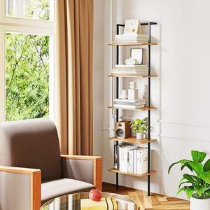 מדף סולם מודרני בן 5 קומות, מתכת, עץ, גבוה, פתוח, לתצוגה, לקיר, לבית, למשרד, לחדר שינה, לסלון, לעיצוב הבית - Product Image 5