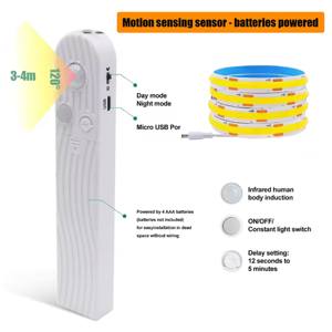 <span class=keywords><strong>Bande</strong></span> lumineuse <span class=keywords><strong>LED</strong></span> à détecteur de mouvement COB 5V alimentée par batterie, installation sans fil, éclairage d'ambiance pour armoires, chevet, escaliers, couloirs - Product Image 5