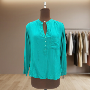Camisa Casual de Algodón 100% Ecológica Vintage para Mujer |   Camisa con Cuello Mao, Manga Larga, Color Verde Everglade, Calidad Premium - Product Image 1