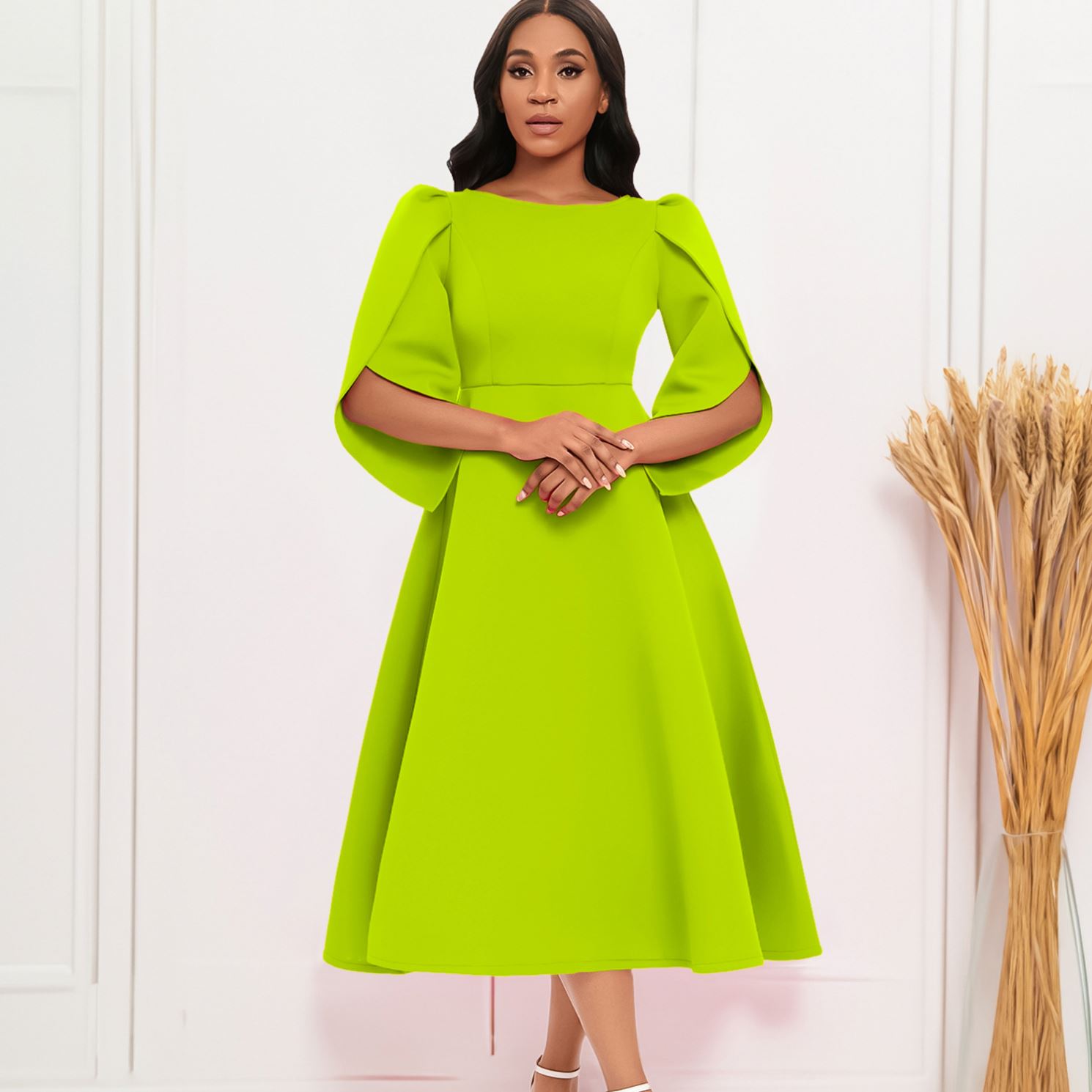 latest dinner dresses for ladies with sleeves Long Sleeve Draped Satin Gown with Rhinestones and High Slit Rose Gold & Eggplant
