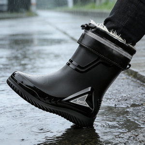 Rain Boots Men Mid Calf Waterproof Slip On Flat Heel Solid Color Outdoor Shoes For Fishing Delivery Riders - Product Image 2
