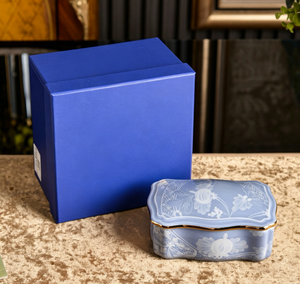 <b>Light</b> Blue Porcelain Jewelry Box With Dark Blue Floral Print Gold Edge For <b>Vanity</b> Table Decoration - Product Image 3