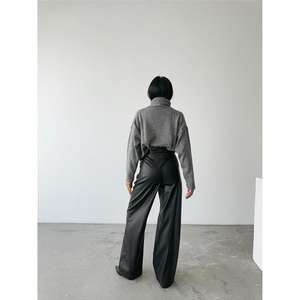 Pantalon palazzo en cuir, jambe large, taille haute, noir, tissu PU anti-rides, pantalon pour femmes - Product Image 2