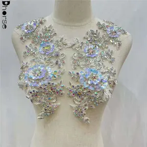 New bling bodice rhinestone applique heavy beads motif diamante lace patch sewing on bridal dress