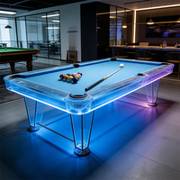Table de billard haut de gamme S.QF 7/8/9 pieds avec plateau en ardoise, pieds transparents, éclairage LED, surface en cuir lisse et poches de récupération.