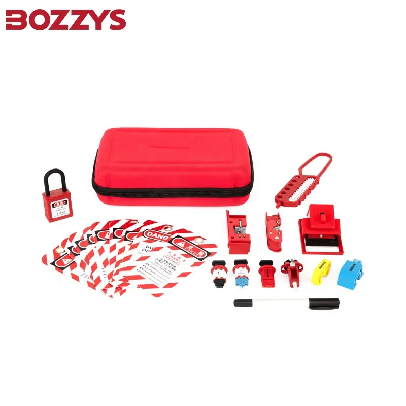 Bozzys ชุดป้ายล็อกไฟฟ้า LOTO พร้อมสลักแท็กและกุญแจล็อกและอุปกรณ์ล็อคเบรกเกอร์และกระเป๋าเก็บของ