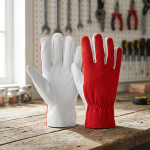 JNA Group White Leather Safety <b>Gloves</b> Red Knit Wristband Anti-Slip Fingertips 11 oz Thickness <b>Silicone</b> Latex Free General - Product Image 5