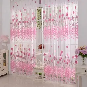 Hoa Tulip khăn Sheer Voile Cửa Cửa sổ Rèm treo lên bảng điều khiển valances màu hồng Voile rèm