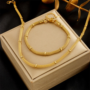 European American Style Minimalist Bamboo Joint Necklace <b>Bracelet</b> <b>Set</b> Metal Mesh Round Chain Retro Jewelry Women's Everyday Wear - Product Image 1