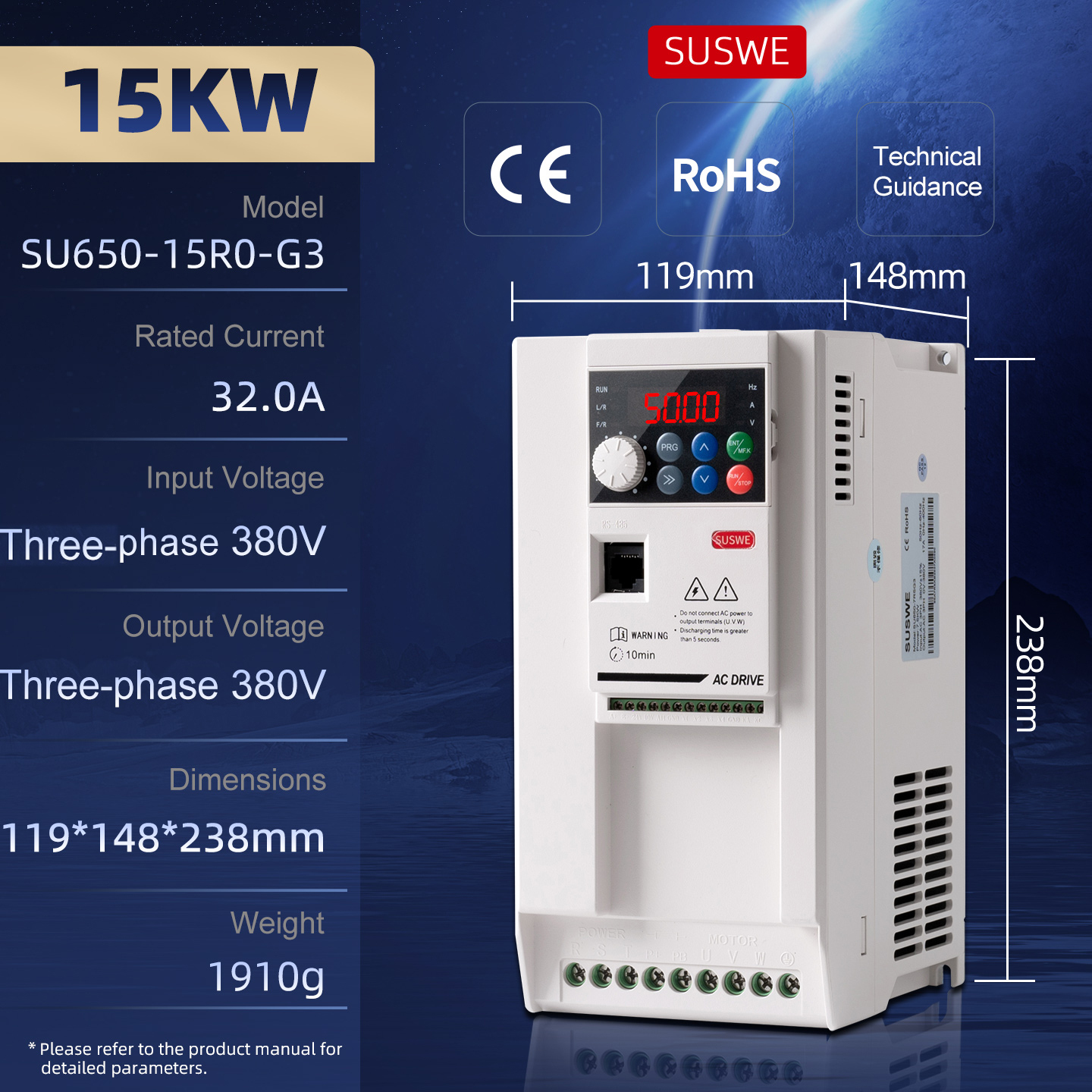 15 kW, Entrée triphasée 380 V, Sortie triphasée 380 V