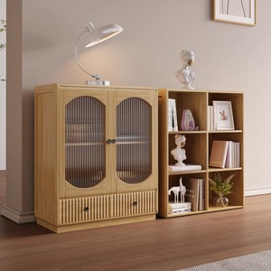 Solid Wood Bookcase Modern Minimalist Style With Glass Doors Storage Cabinet For Living Room Floor Standing - Product Image 3