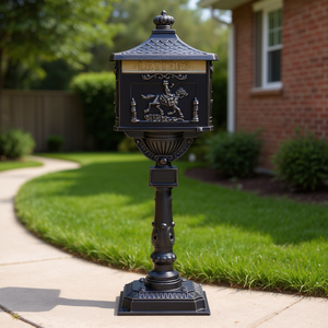 Buzón de Aluminio Fundido con Acabado Negro, Pedestal, Cerradura con Llave, Acceso Frontal, Estilo Vintage, Puerta con Protección de Seguridad - Product Image 2