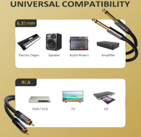 Câble audio 2RCA vers double 6,35 mm (1/4 pouce) TS, 2 x 6,35 mm (1/4 pouce) vers 2RCA, coque en cuivre plaqué or pour haut-parleur, mixeur, amplificateur