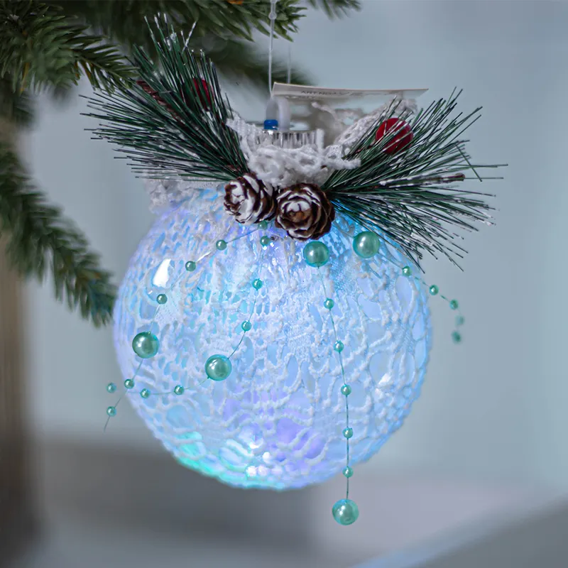 Pet Transparente lace pine cone agulha decoração Led Lighted Glass Bauble Ornamento Natal Hanging Tree Ball Flat Ball