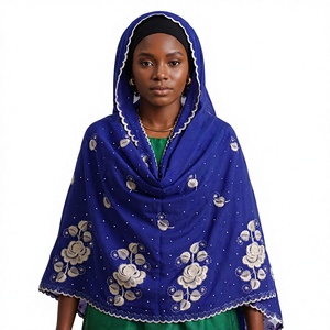 Tissu en voile de coton bleu chic avec dentelle, doux et respirant, motif floral, pour l'été, vêtements de luxe islamiques pour femmes, usage quotidien, orné de strass - Product Image 1