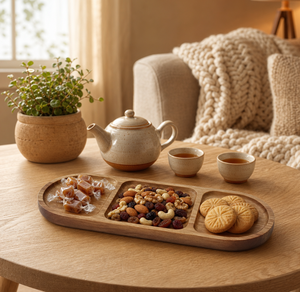 Vassoio di Servizio in Legno di Acacia Naturale con 3 Scomparti, Piatto Ovale Diviso per Snack, Frutta e Antipasti - Product Image 6