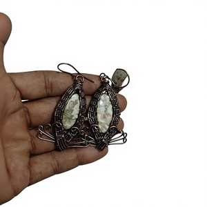Handmade Copper <b>Wire</b> Wrapped White Jasper Earrings Natural Stone Elaborate Design Boho Style Wholesale Jewelry Supply for Women - Product Image 1