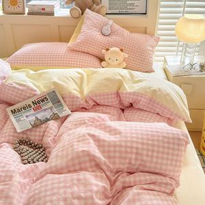 Plaid <b>Bedding</b> <b>Set</b> 4 Pcs Washed Cotton Home Use Four Seasons Eco Friendly - Product Image 3