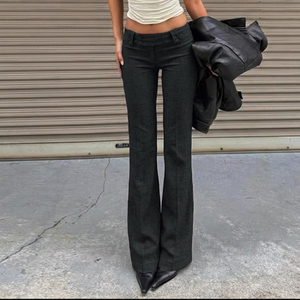 Low Rise Woven Suit <b>Pants</b>, Flare Leg Women's Casual Trousers, Tailored Long <b>Pants</b>, <b>Y2K</b> Retro Minimalist Streetwear Fashion - Product Image 3