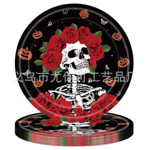 Day Of The Dead Rose Skull Party Supplies Disposable <b>Tablecloth</b> Plates Napkins Cutlery Set Halloween Decoration - Product Image 2