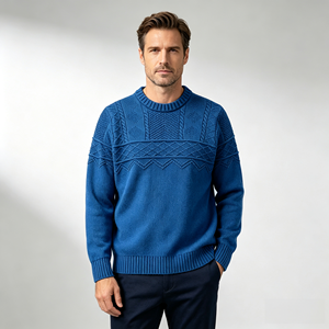 Pull en tricot torsadé pour homme, col rond, manches longues, couleur indigo, pull d'hiver, logo personnalisé - Product Image 1