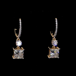 14K Yellow <b>Gold</b> Pave Diamond Hoop <b>Earrings</b> with Princess Cut Lab Grown Diamond <b>Drop</b> - Product Image 1