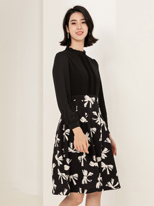 Abito Midi da Donna Primavera Autunno <span class=keywords><strong>Bianco</strong></span> e <span class=keywords><strong>Nero</strong></span> <span class=keywords><strong>con</strong></span> Stampa a Fiocco, Cerniere, Vita Naturale e <span class=keywords><strong>Colletto</strong></span> a Volant per Ufficio e Casual - Product Image 2