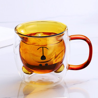 Vente en gros, fait à la main, marron, transparent, rond, 250ml, ours à double paroi, tasse en verre avec poignée