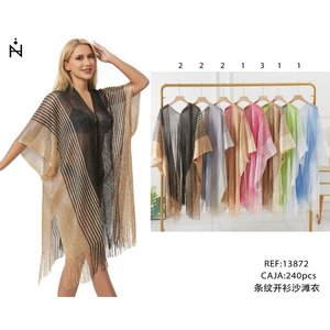Copricostume da spiaggia a righe con frange per donna, kimono estivo leggero in chiffon. - Product Image 3